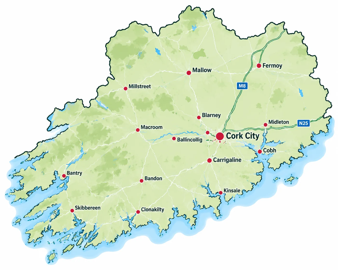 Illustrated County Cork map showing Cork City and surrounding towns, including Mallow, Fermoy, Midleton, Cobh, Bandon, Clonakilty and Bantry.